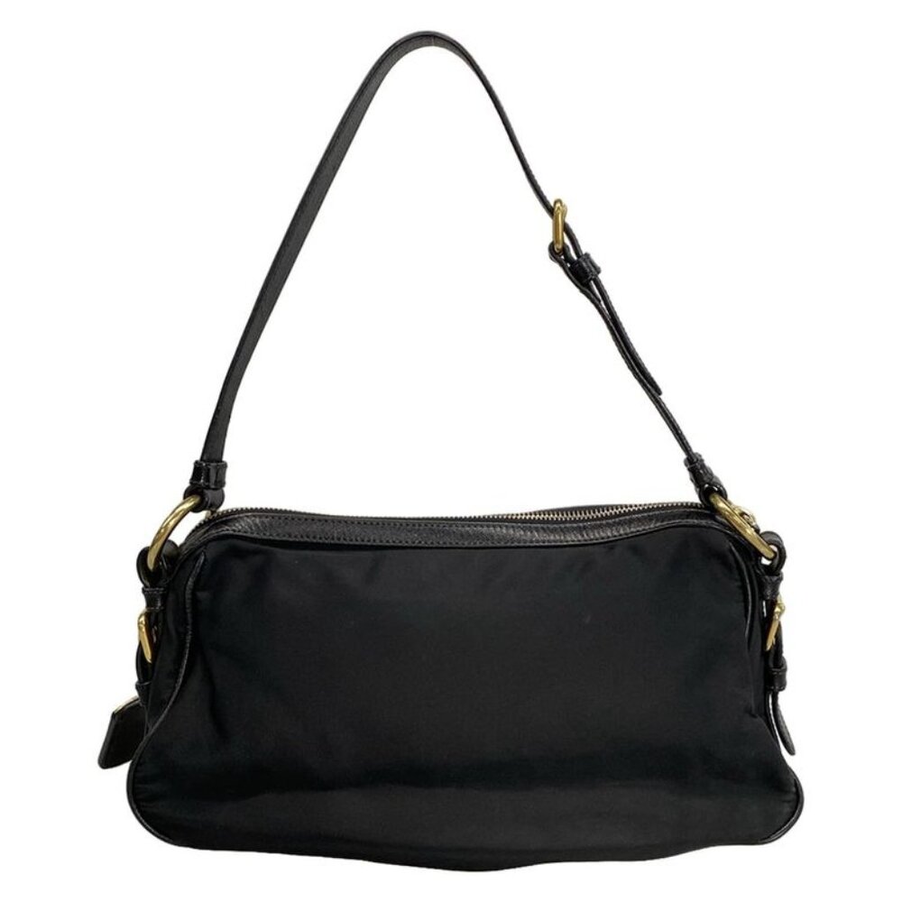 Prada Shoulder Bag Logo Jacquard Black Leather Tag - Picture 3 of 15